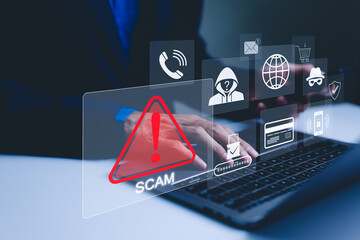 Scam Alert Warning with Cybersecurity Icons. A person using laptop, warning sign for scams with...