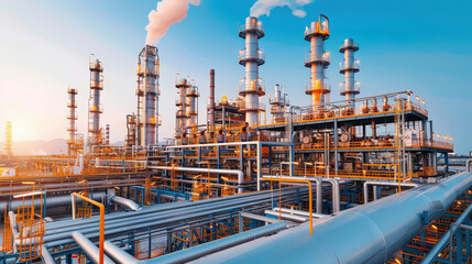 long exposure shot of petrochemical facility showcasing towering structures and intricate piping against vibrant sky. scene captures industrial essence and energy of site