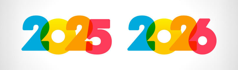 Set of New Year 2025 and 2026 colorful icons. Business titles for calendar or planner. Creative design. Holiday logo. Number isolated template. Bold style. Decoration concept. Web site annual icon.