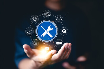 Technical Support and Customer Service Concept. Icon of tools, with icons for customer service,...