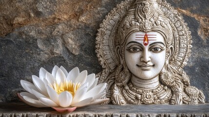 Obraz premium Hindu Deity Sculpture with White Lotus Flower Spiritual Symbolism India Religion Art