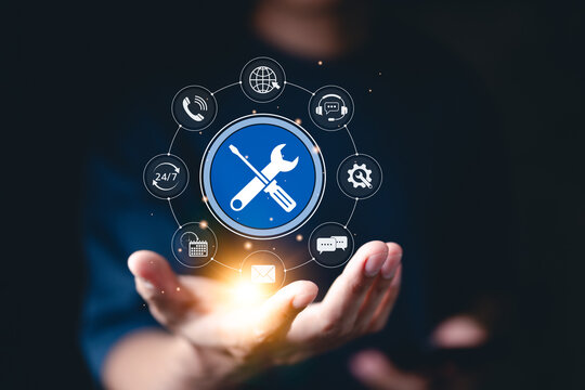 Technical Support and Customer Service Concept. Icon of tools, with icons for customer service, 24/7 support, communication, and technical maintenance. business technology in customer assistance.