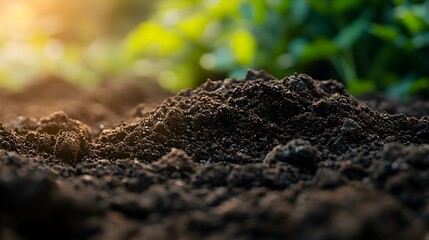 Fertile soil texture, macro photography, high detail of rich earth surface, natural top view, showcasing organic material and environmental health