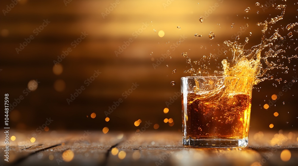 Wall mural black tea streaming into a glass cup, detailed splash effect in the tea, wooden table below, black t