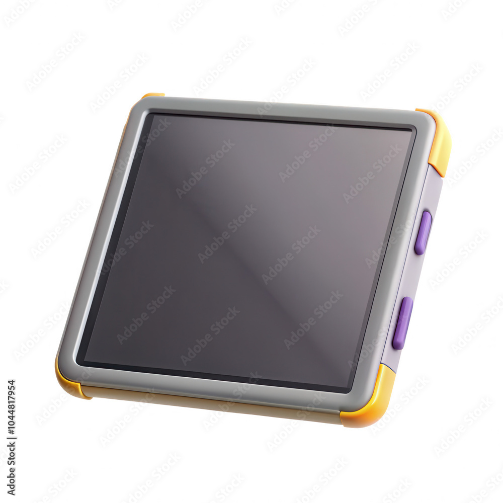 Poster a colorful tablet device with a sleek design, featuring a touchscreen display and buttons on the sid