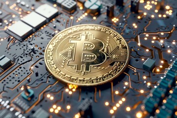 Golden coin is resting on a circuit board illuminated by warm light, suggesting the growing connection between technology and finance