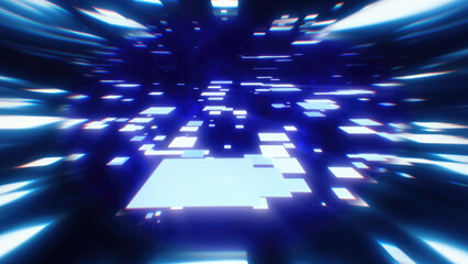 A dynamic abstract glowing blue squares moving through a dark space for conveying technology speed or digital concepts, technology and energy