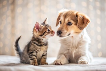 Heartwarming Moment of a Puppy and Kitten Playing Together, Minimalist Photography of Dog and Cat, Adorable Animal Friends, Joyful Playtime, Cute Pet Bonding