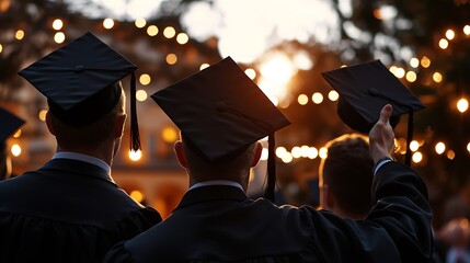 Three graduates in caps and gowns stand with their backs to the camera, looking out at a celebratory event.