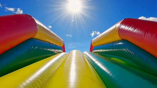 A colorful inflatable bounce house stands tall under a bright blue sky on a sunny day