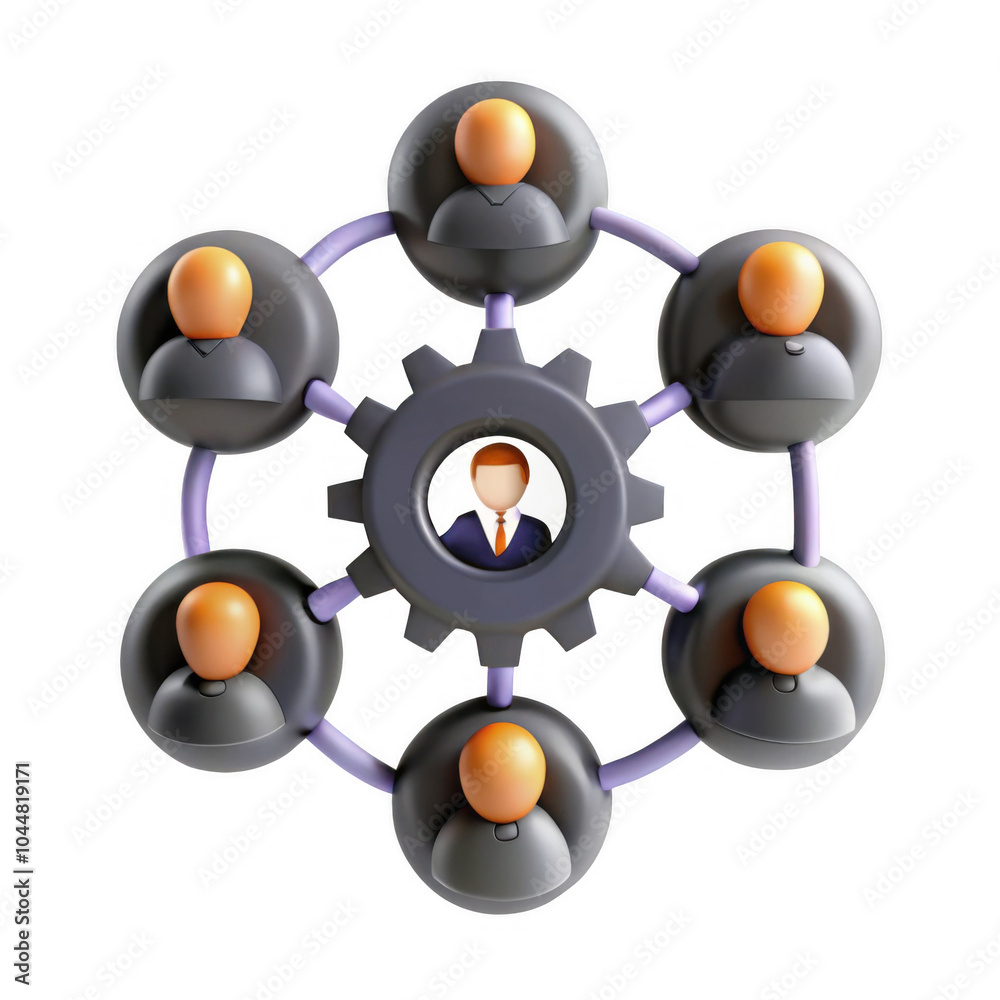 Poster a 3d render of a networking model depicting diverse individuals connected by a central figure, repre