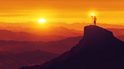 Silhouette of a Person Standing on a Mountaintop at Sunset with a Luminous Staff