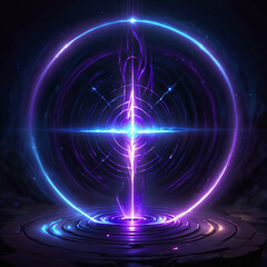 A bright purple energy beam shoots up from a swirling blue portal in the center of a dark, circular structure. The beam has a wispy, flamelike appearance.