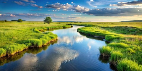 Silhouette serene stream flowing through grassy plains