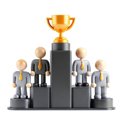 A 3D render showcasing four stylized figures in business attire standing on a podium with a golden trophy on top, symbolizing success and achievement.