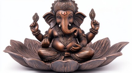 Bronze Ganesha Statue Sitting on Lotus Leaf  Indian Hindu God Figurine  Religious Art  Med