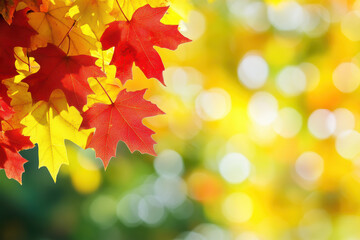 Autumn template with red maple leaves and sunlight