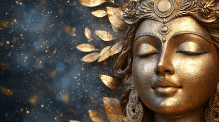 Obraz premium Golden Goddess Statue with Closed Eyes and Floral Crown