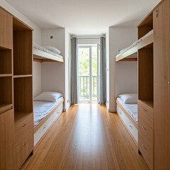 A narrow room with bunk beds, designed for shared living, with built-in storage.