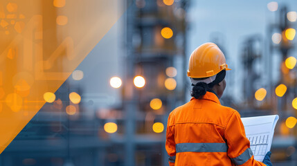 petrochemical engineer in orange safety uniform examines blueprint at refinery, showcasing dedication and professionalism in dynamic industrial environment