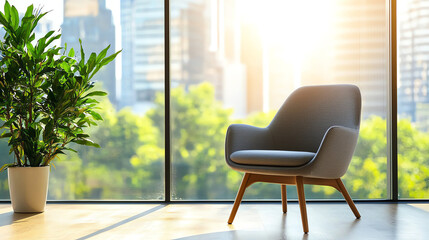 Obraz premium A serene workspace embracing nature and comfort with a cozy chair and lush greenery