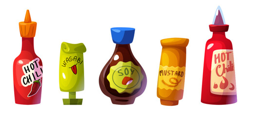 Hot chili pepper sauce bottle. Red spice ketchup illustration. Chilly mustard with sriracha condiment in container. Soy paste package with cayenne chilli symbol pack. Advertising jalapeno cartoon