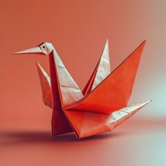 Beautiful Origami Duck on Red Background