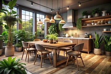 Fototapeta premium Inviting Lightly Lived Kitchen Dining Space with Indoor Plants for a Fresh and Cozy Atmosphere, Perfect for Culinary Creativity and Social Gatherings