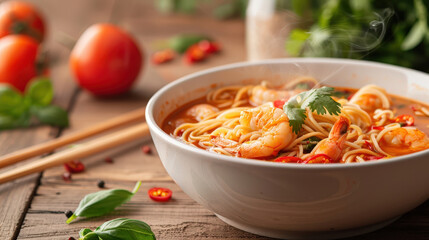 steaming bowl of spicy noodles with shrimp, garnished with fresh herbs and chili peppers, evokes sense of warmth and comfort. vibrant colors of ingredients enhance dishs appeal