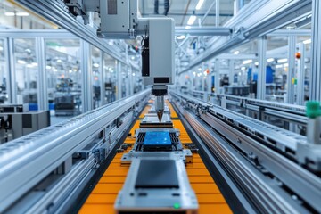 Fototapeta premium Automated assembly line producing electronic components, bright factory lighting, ultrarealistic detail of machinery and precise manufacturing process