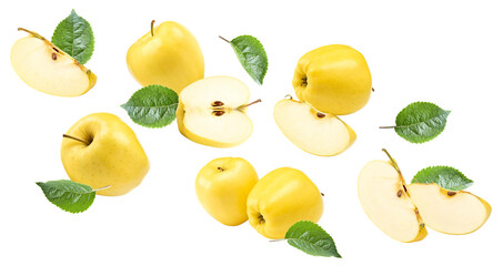flying yellow apples with green leaf and slices isolated on a white background. clipping path