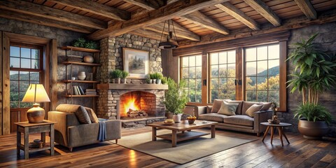 Fototapeta premium Rustic Cabin Living Room with Fireplace and Blank Frame Mockup for Urban Exploration Photography