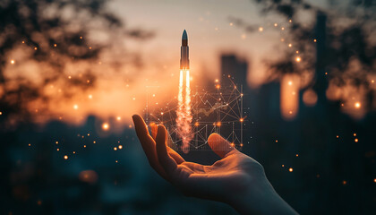Close up of hands holing graph and rocket launch in background, business concept generated.AI