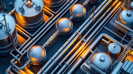 wide angle view of industrial refinery towers and pipelines, showcasing intricate details and vibrant lighting. scene captures complexity and scale of petrochemical infrastructure