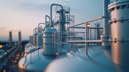 Fototapeta premium wide angle shot of refinery towers and petrochemical storage tanks, showcasing industrial structures against soft evening light. scene conveys sense of scale and modernity