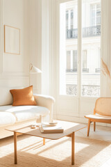 A bright and airy interior featuring cozy sofa with an orange cushion, wooden coffee table, and stylish chair. Sunlight streams through large windows, creating warm atmosphere