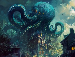 Giant Octopus Attacking Town - Fantasy Monster Art