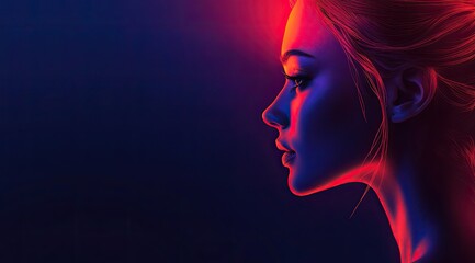 A woman with closed eyes, her head tilted back slightly in profile, against a gradient background transitioning from red to blue, with her face illuminated by soft neon light