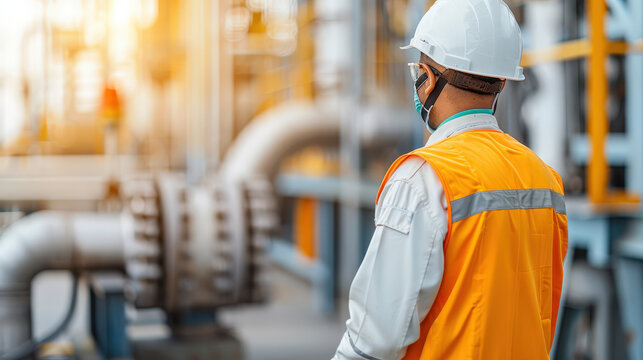 worker in protective gear stands beside industrial equipment, ensuring safety in manufacturing environment. scene conveys sense of diligence and responsibility