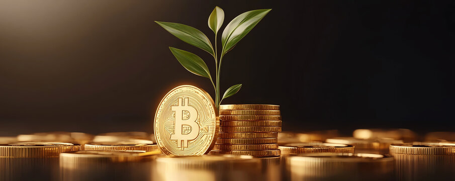 Plant sprouting from gold coins, symbol of financial growth