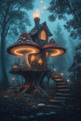 Fototapeta premium Enchanted forest: magical creatures and glowing mushroom
