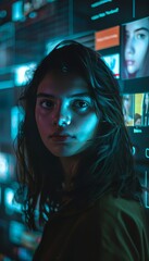 Fototapeta premium Young woman in her 20s surrounded by online privacy concerns, captured with focused lighting