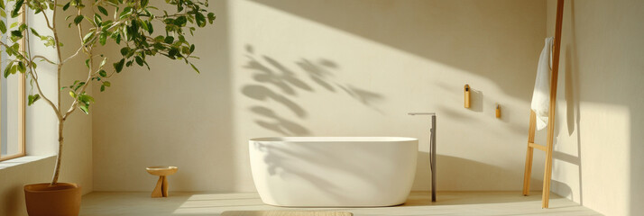 A serene bathroom interior featuring modern freestanding bathtub, potted plant, and soft natural light casting gentle shadows. minimalist design creates calming atmosphere