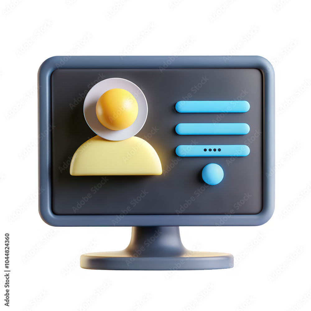 Poster a colorful 3d render of a computer screen with a user profile icon and buttons, isolated on a dark b