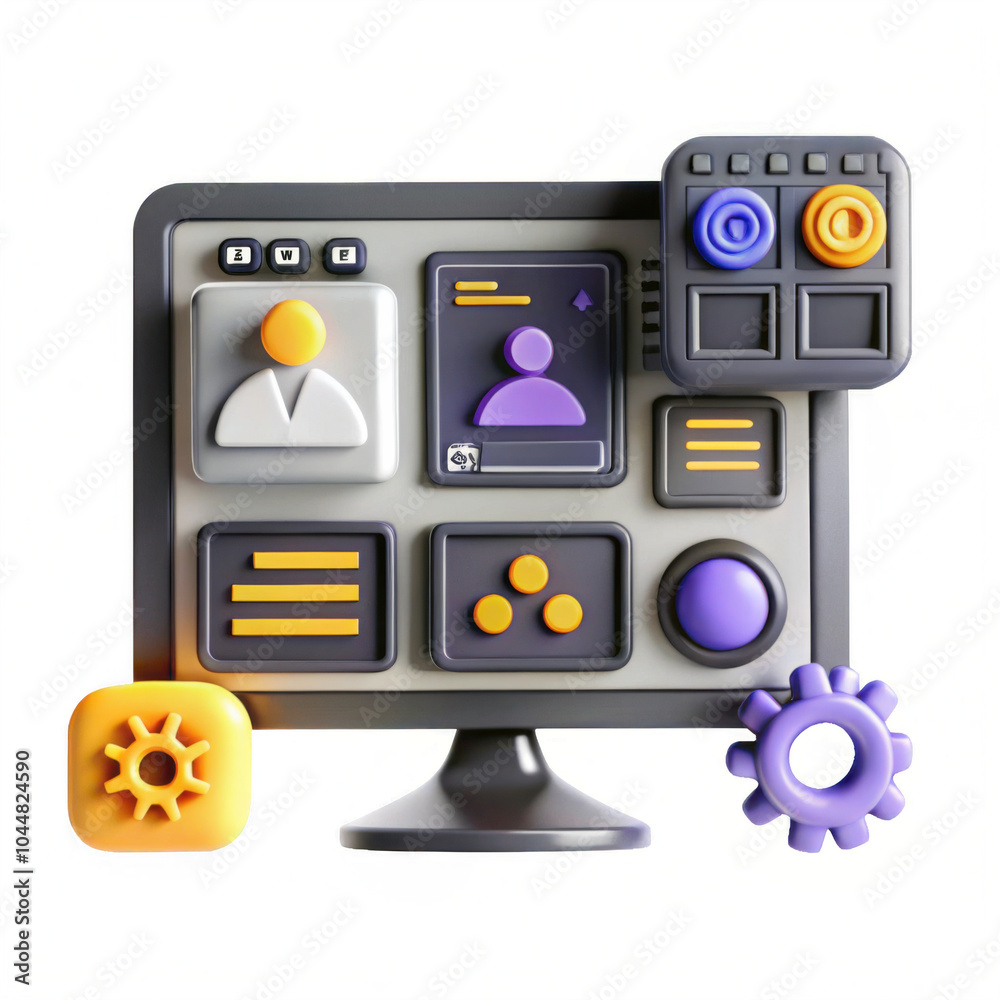 Poster a colorful 3d render of a stylized digital interface with various icons and buttons. features bright
