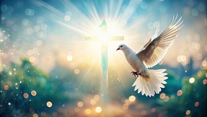 Obraz premium Serene White Dove in Flight Over Cross Symbolizing Peace and Hope in a Dreamy Bokeh Sky