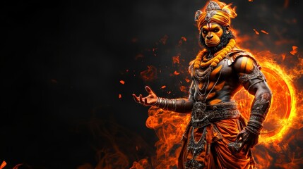 Fototapeta premium Powerful Hindu Deity Hanuman in Flames Mythological Figure Indian God Spiritual Religi