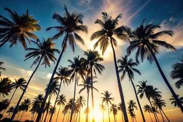 Obraz premium Silhouette of isolated palm trees against white skies captured from a low angle