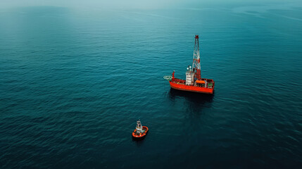 Aerial view of offshore oil rig surrounded by calm waters, showcasing vibrant red structure and nearby tugboat. scene conveys sense of industry and tranquility