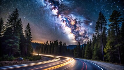Fototapeta premium A winding asphalt road curves through a dense forest under a canopy of stars, the Milky Way stretching across the night sky like a celestial river.